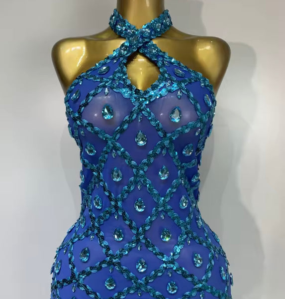 Women Blue Halter Sleeveless Sexy See Through Maxi Dress