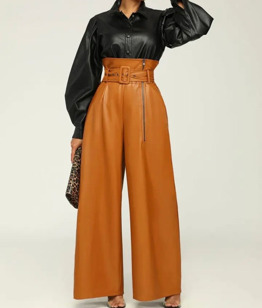 Women Side Zipper Fashion Faux Leather Wide Leg Pants