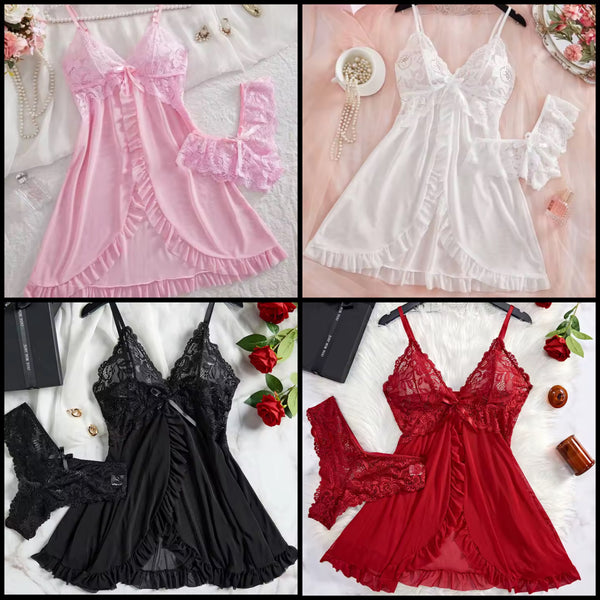 Women Sexy Sleeveless Ruffled Lace Mesh Nightgown Lingerie Set