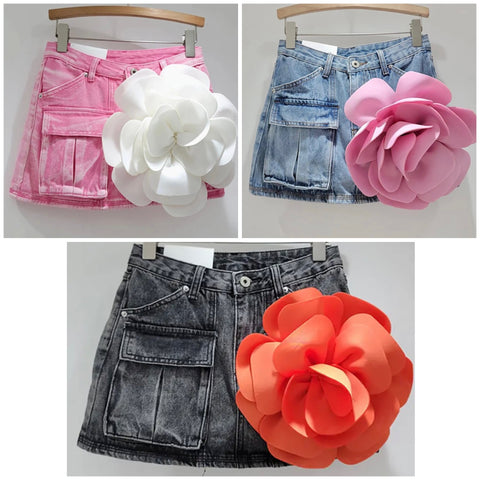 Women Fashion Pocket Color Floral Denim Skirt
