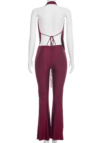 Women Sexy Halter V-Neck Open Back Two Piece Pant Set