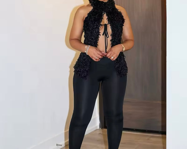 Women Sexy Sleeveless Furry Black Two Piece Pant Set