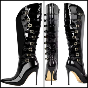 Women Black Buckled Patent Leather High Heel Boots