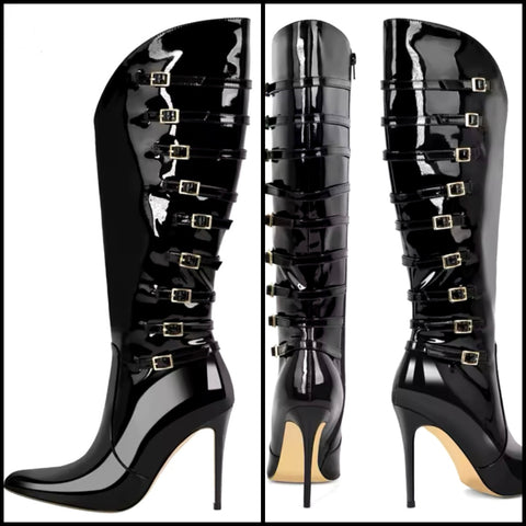 Women Black Buckled Patent Leather High Heel Boots