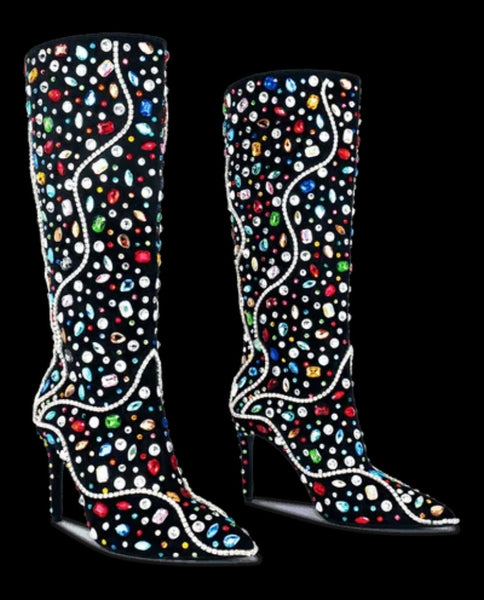 Women Fashion Black Color Crystal Knee High Boots