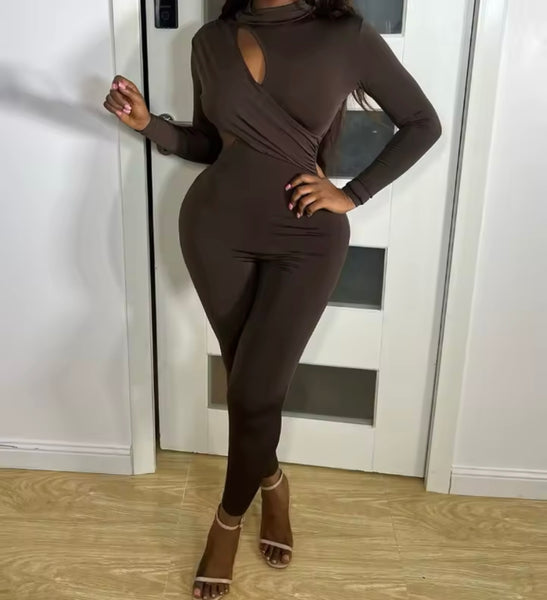 Women Sexy Solid Color Cut Out Full Sleeve Jumpsuit