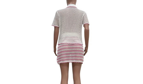 Women Sexy Short Sleeve Striped Knitted Two Piece Skirt Set