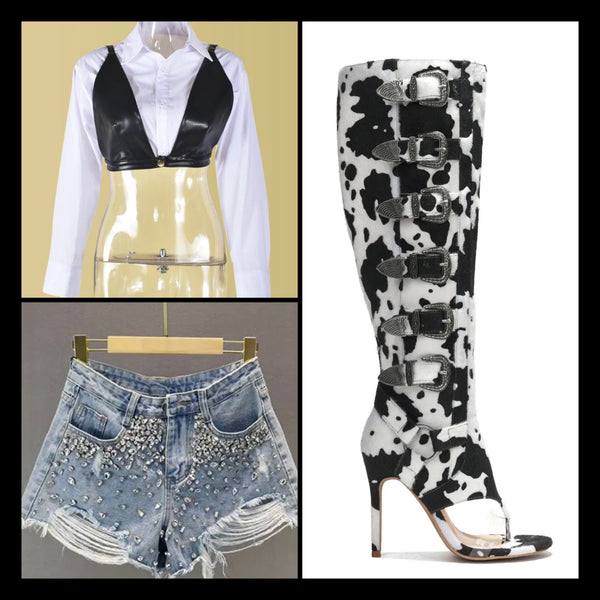 Women B&W Fashion Full Sleeve Faux Leather Two Piece Top Set