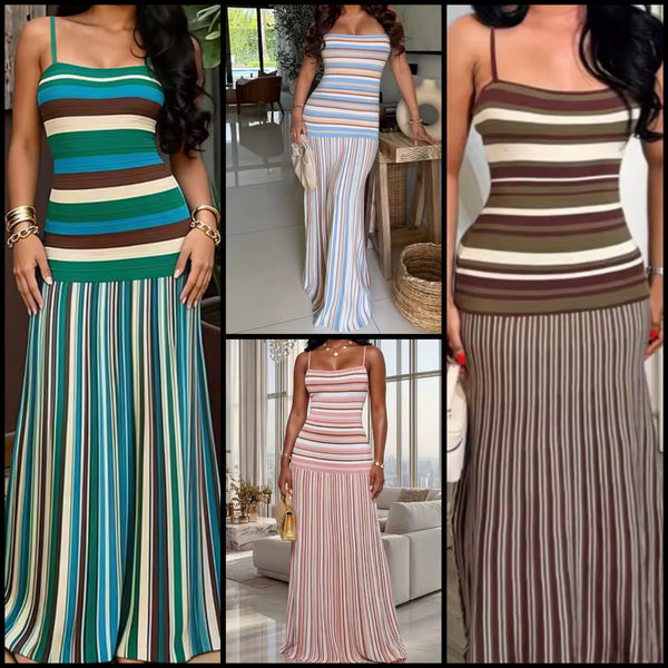 Women Sexy Sleeveless Striped Maxi Dress