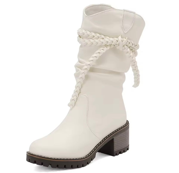Women Fashion Ruched Rope Faux Leather Ankle Boots
