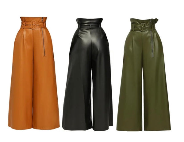 Women Side Zipper Fashion Faux Leather Wide Leg Pants