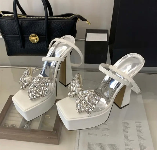 Women Fashion Bling Bow Platform Ankle Strap Sandals