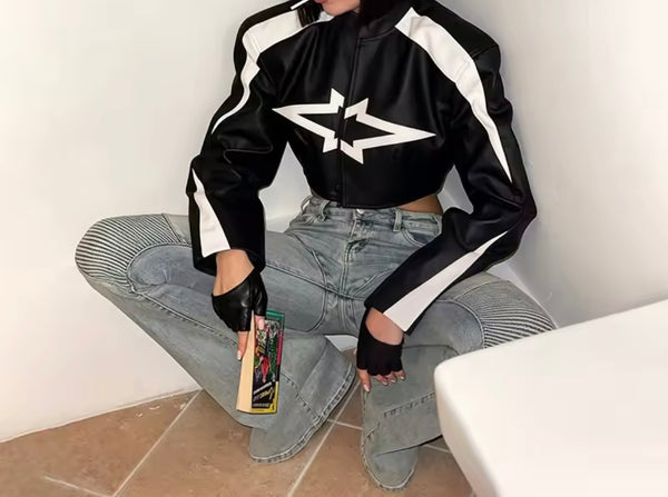 Women Fashion B&W Star Striped Faux Leather Crop Jacket