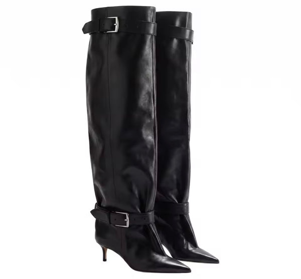 Women Pointed Toe Double Buckle Knee High Boots