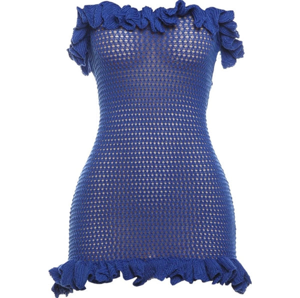 Women Blue Sexy Strapless Ruffled Open Back Knitted Dress