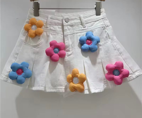 Women Fashion 3D Floral Patchwork Denim Pleated Skirt