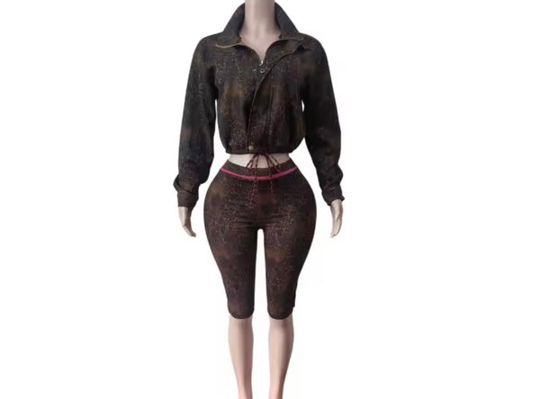 Women Animal Print Drawstring Crop Two Piece Capri Pant Set