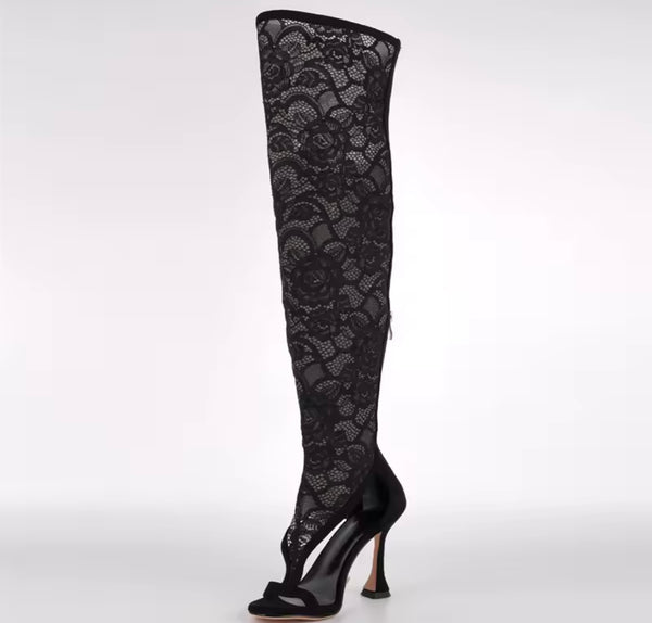 Women Black Open Toe Lace Fashion Knee High Boots