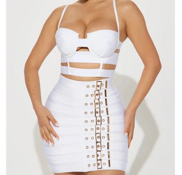 Women Sexy Sleeveless Buckled Bandage Two Piece Skirt Set