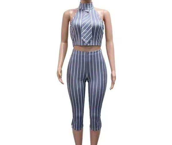 Women Striped Tie Sleeveless Fashion Two Piece Capri Pant Set