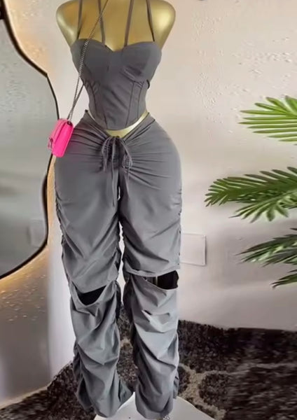 Women Gray Sleeveless Fashion Two Piece Ripped Ruched Pant Set