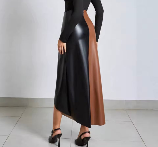 Women Fashion Color Patchwork Faux Leather Maxi Skirt