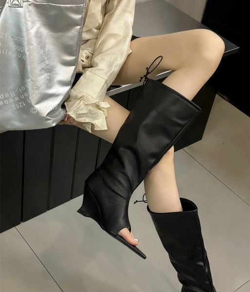 Women Fashion Pointed Open Toe Platform Wedge Knee High Boots