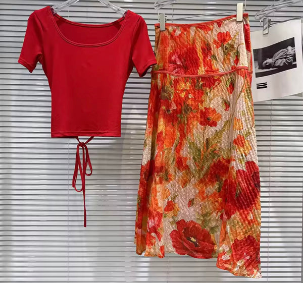 Women Red Short Sleeve Tie Up Two Piece Floral Maxi Skirt Set