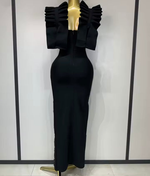 Women Sexy Black Rhinestone Pearl Sleeveless Maxi Dress