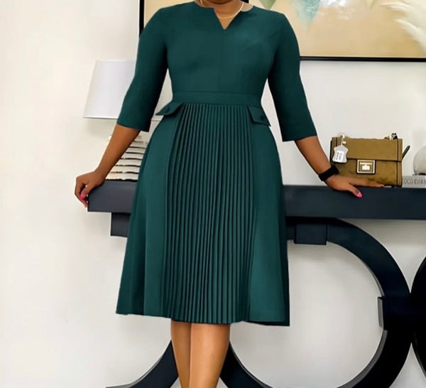 Women Solid Color Full Sleeve Pleated Dress