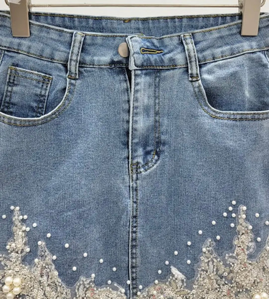Women Fashion Pearl Bling Denim Skirt