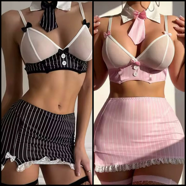 Women Sexy Collar Tie Striped Lingerie Set