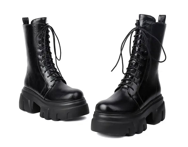 Women Fashion Platform Lace Up Faux Leather Ankle Boots