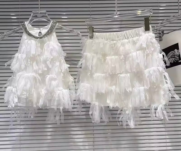 Women White Rhinestone Halter Sexy Two Piece Tassel Skirt Set
