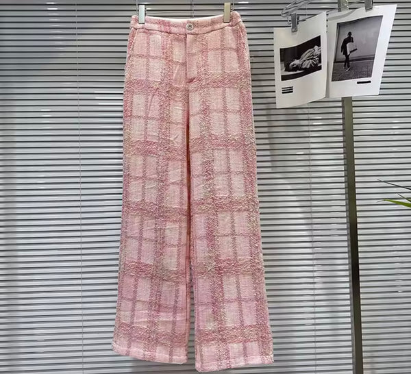 Women Pink Plaid Ruffled Blazer Tweed Two Piece Pant Set