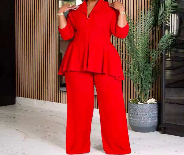 Women Color Ruffled Zip Up Full Sleeve Two Piece Plus Size Pant Set