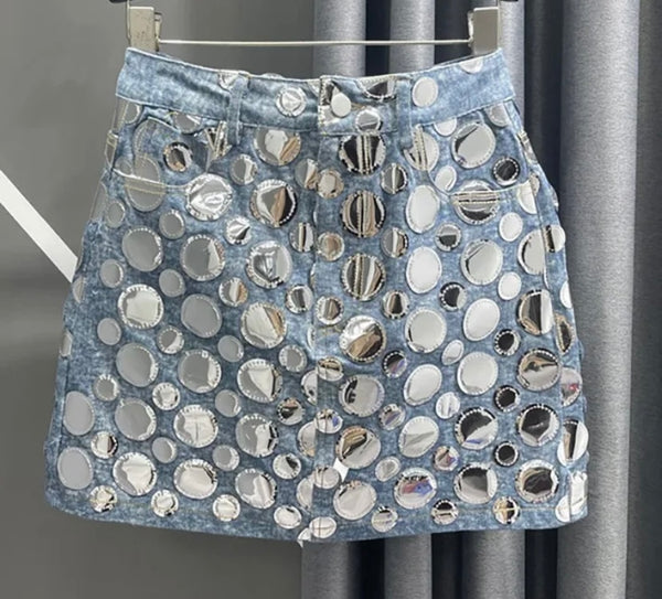 Women Fashion Mirror Patchwork Denim Skirt
