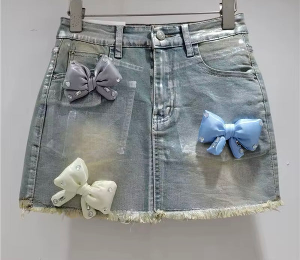 Women Fashion Metallic Bling 3D Bow Denim Skirt
