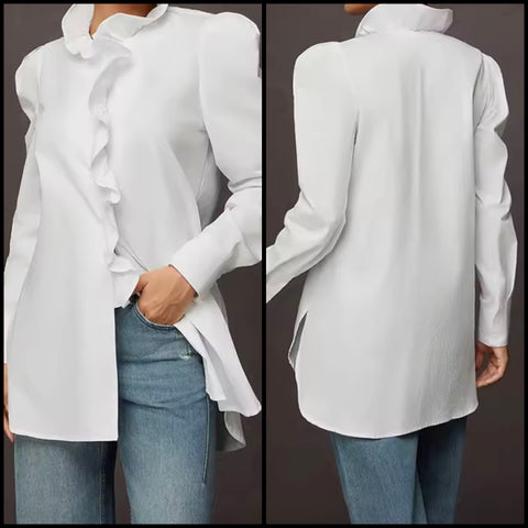 Women White Ruffled Button Up Full Sleeve Fashion Top