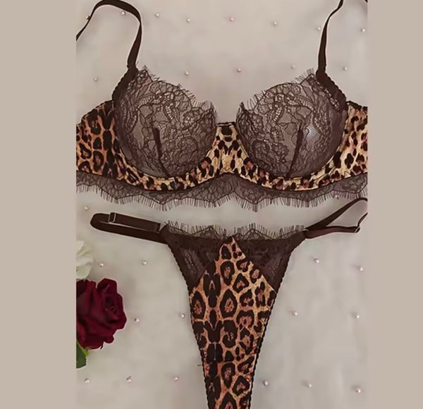 Women Sexy Brown Lace Leopard Lingerie Set