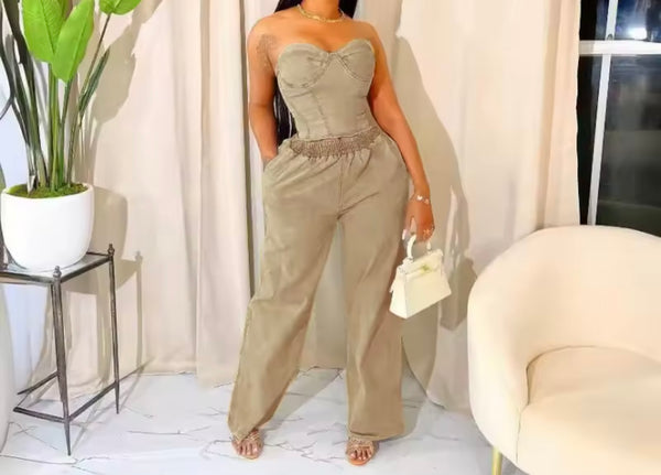 Women Strapless Denim Fashion Two Piece Wide Leg Pant Set