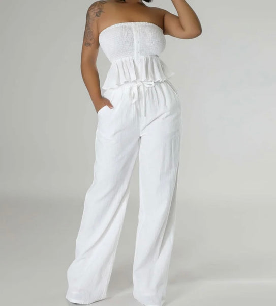 Women Sexy Ruffled Strapless Two Piece Wide Leg Pant Set