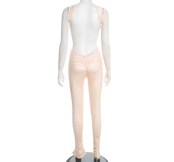 Women Sexy Strapless Polka Dot Open Back Two Piece Pant Set