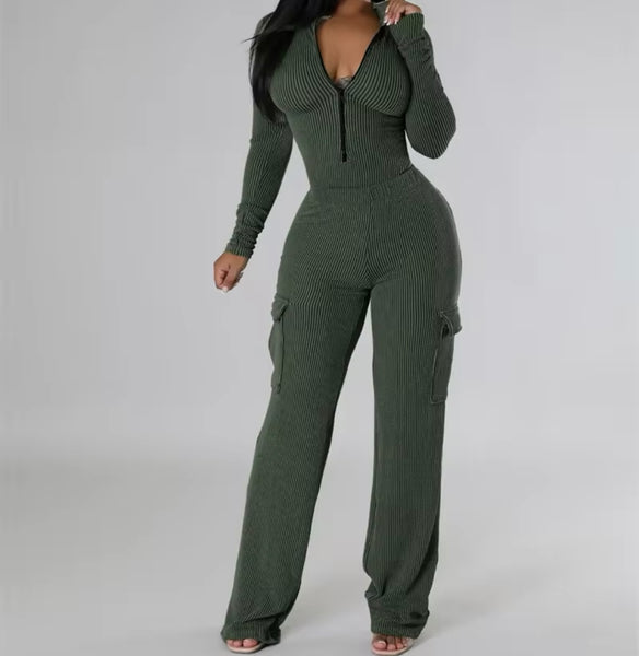Women Color Ribbed Zip Up Full Sleeve Bodysuit Two Piece Pant Set