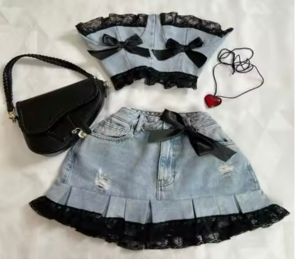 Women Sexy Strapless Denim Red Lace Patchwork Two Piece Skirt Set