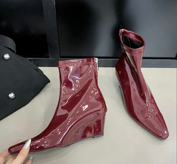 Women Fashion Patent Leather Wedge Platform Ankle Boots
