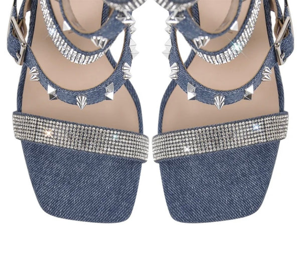 Women Fashion Denim Bling Rivet Buckled Sandals