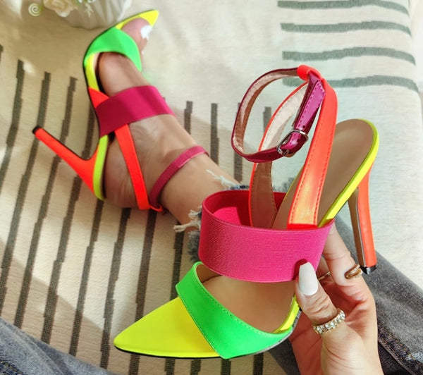 Women Fashion Color Patchwork Ankle Strap High Heel Sandals