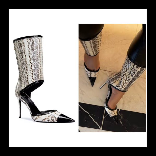 Women Fashion Pointed Toe Animal Print High Heel Boots