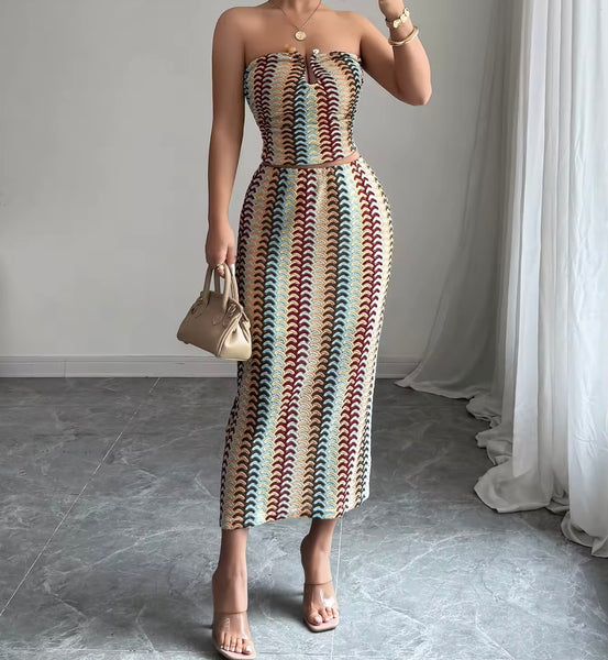 Women Sexy Strapless Colorful Striped Two Piece Maxi Skirt Set
